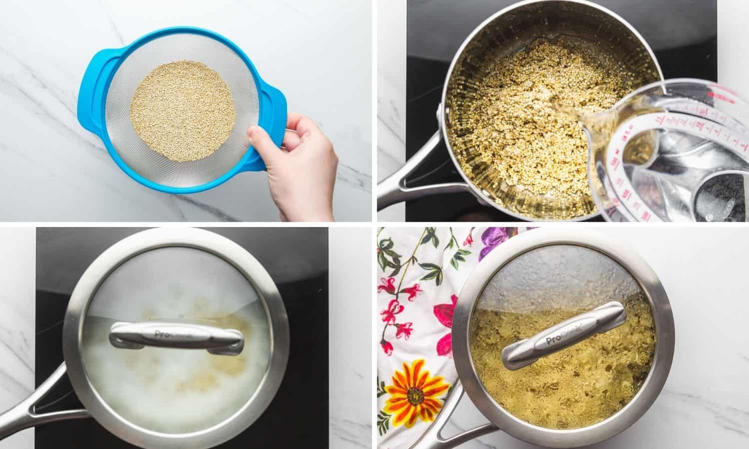 Collage of four images showing how to cook quinoa