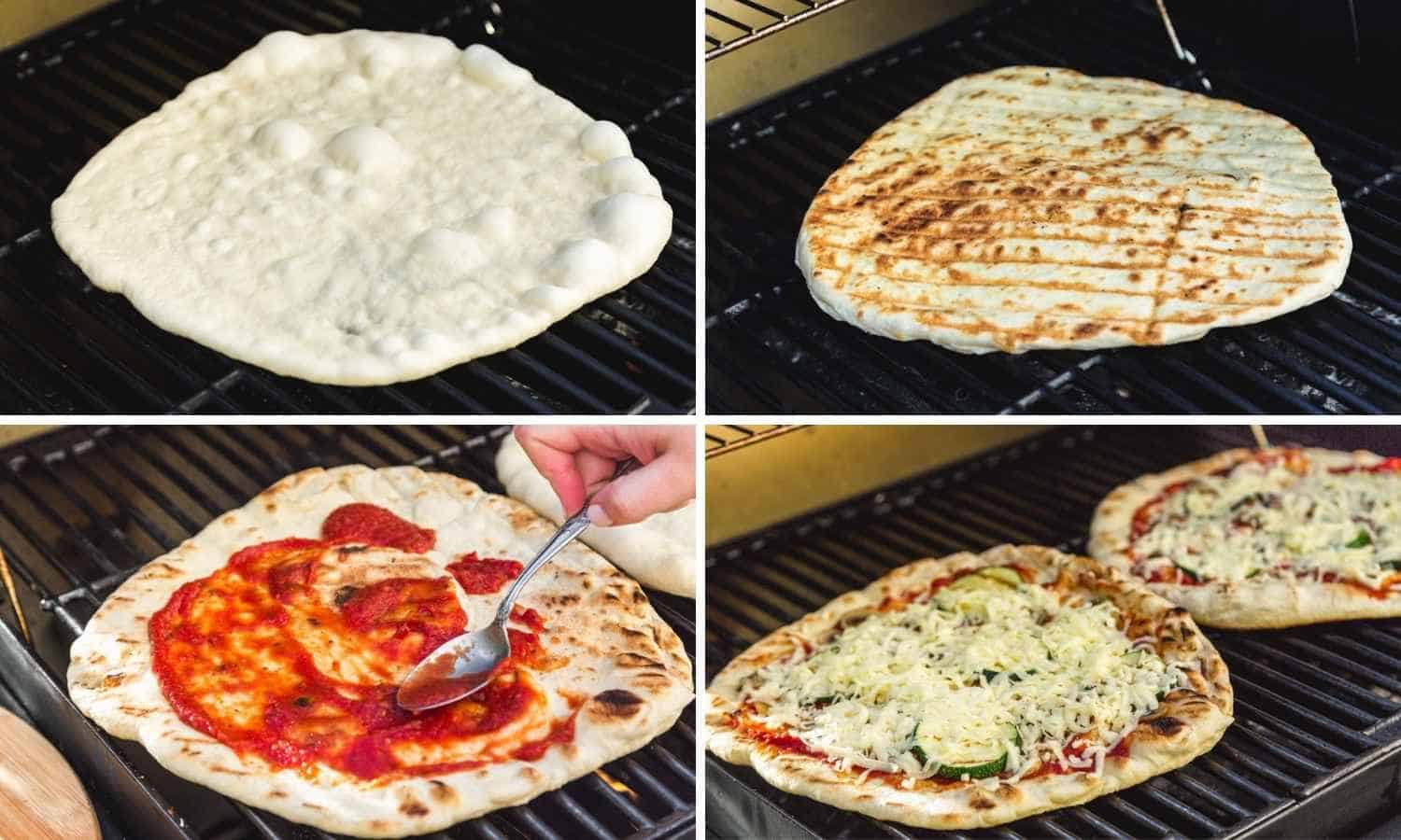 Collage of four images showing how to grill pizza and add pizza sauce and toppings before serving