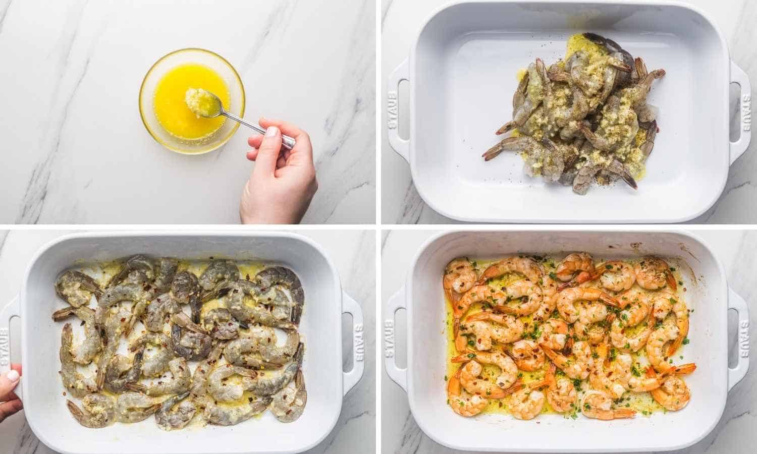 Collage of four images showing how to make baked shrimp