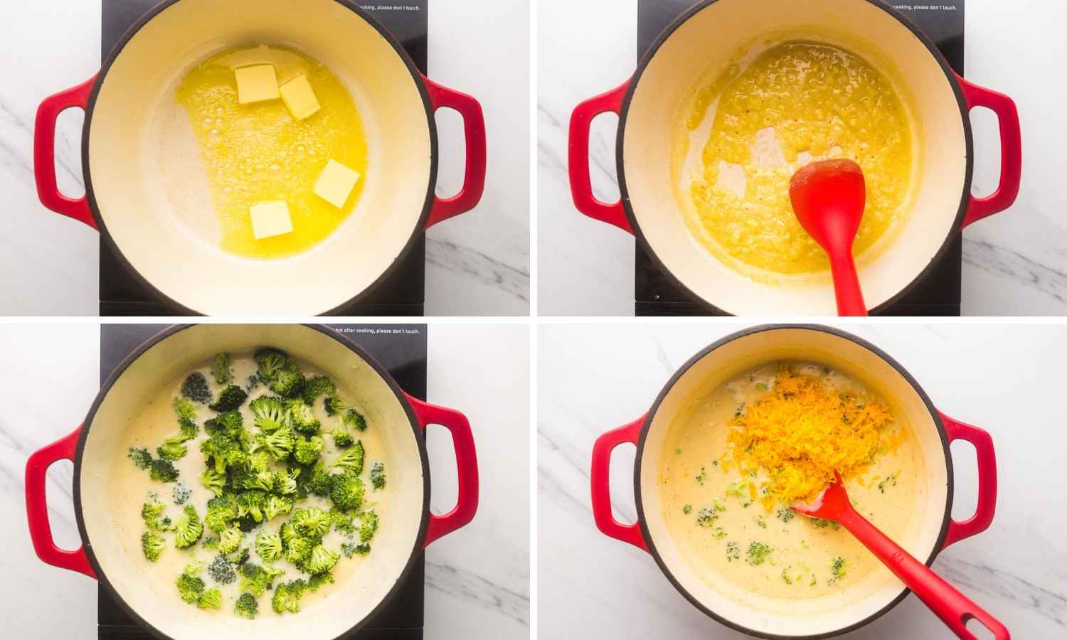 Collage of four images showing how to make broccoli cheddar soup