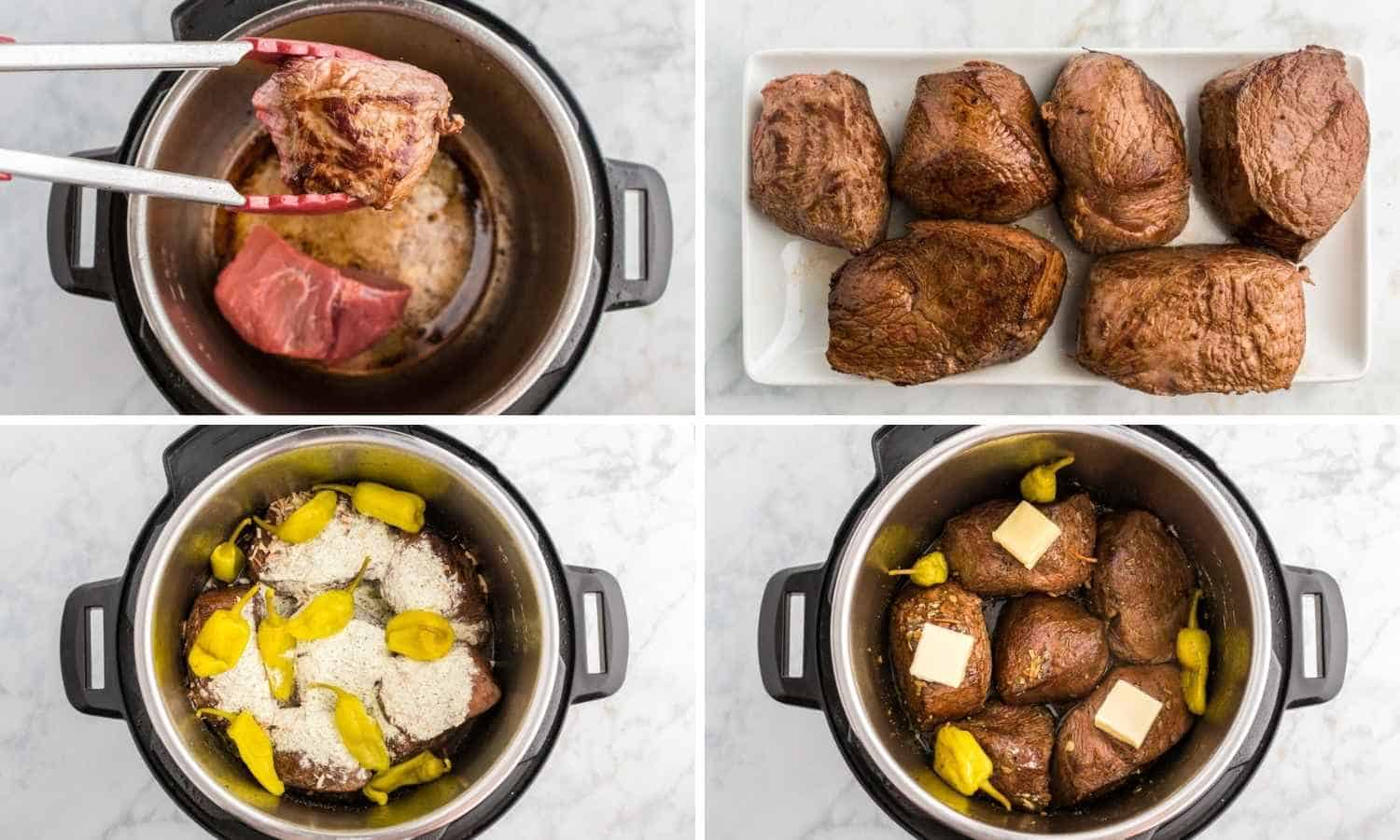 How to make How to Make Instant Pot Mississippi Pot Roast shown in a collage of four images