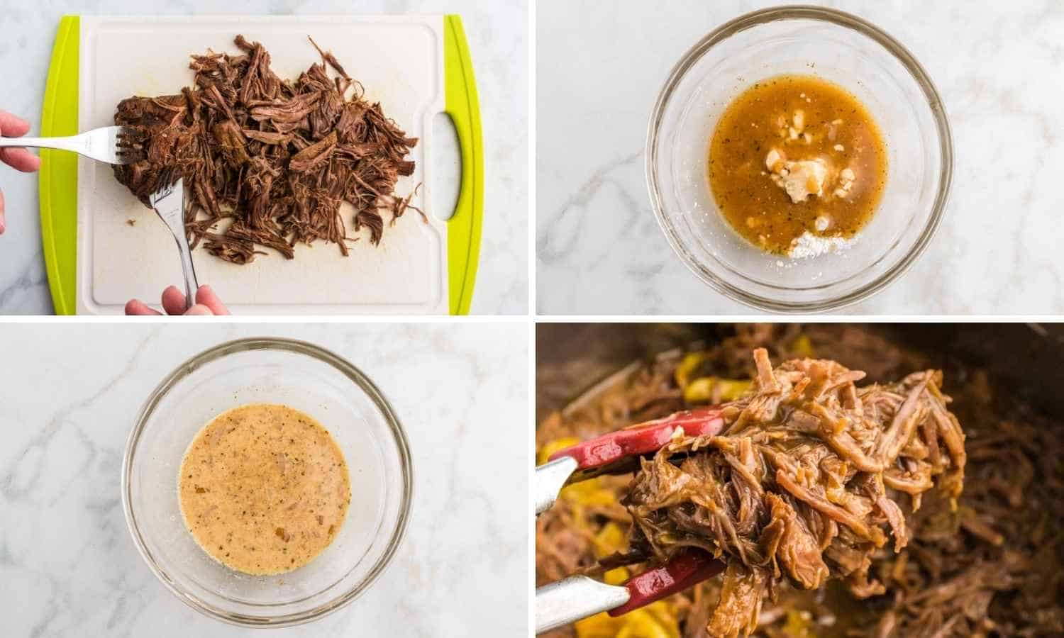 How to Shred beef for Instant Pot Mississippi Pot Roast shown in a collage of four images