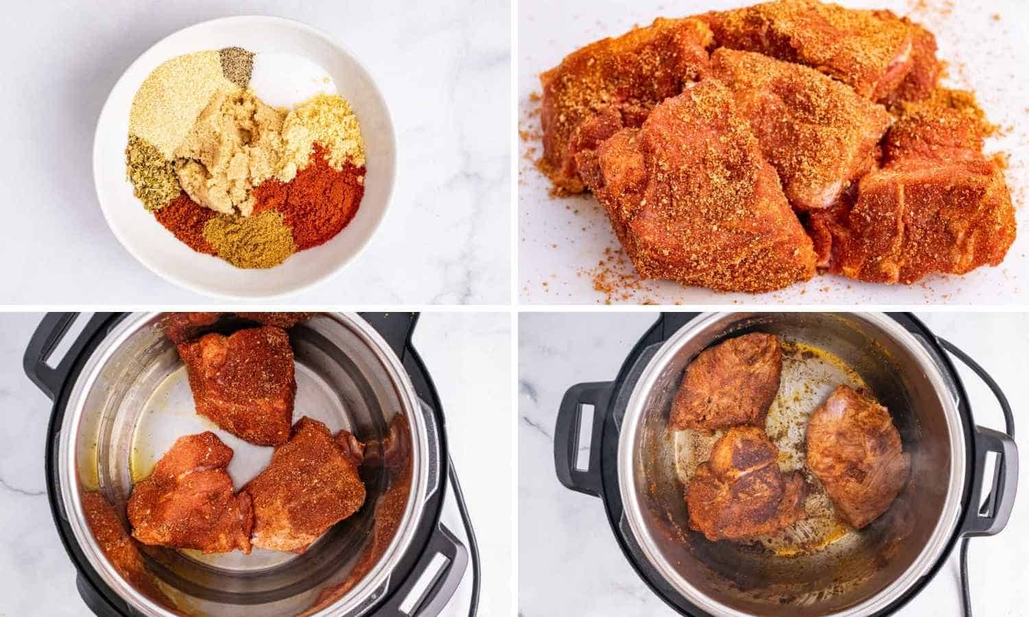 Collage of four images showing how to season and sear pork in the instant pot