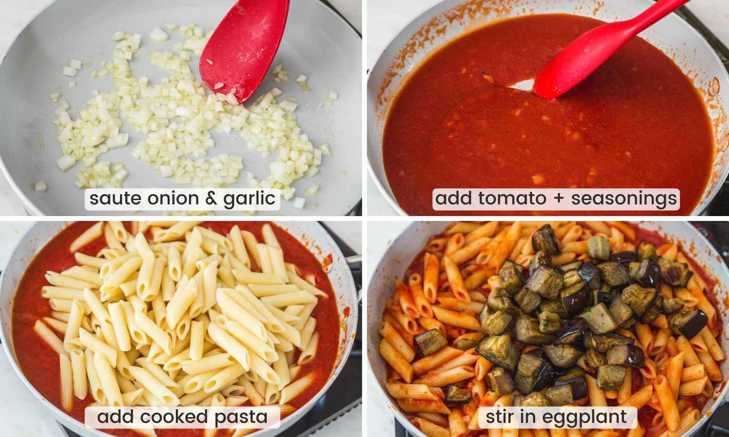 Collage of four images showing how to cook the sauce for pasta alla norma