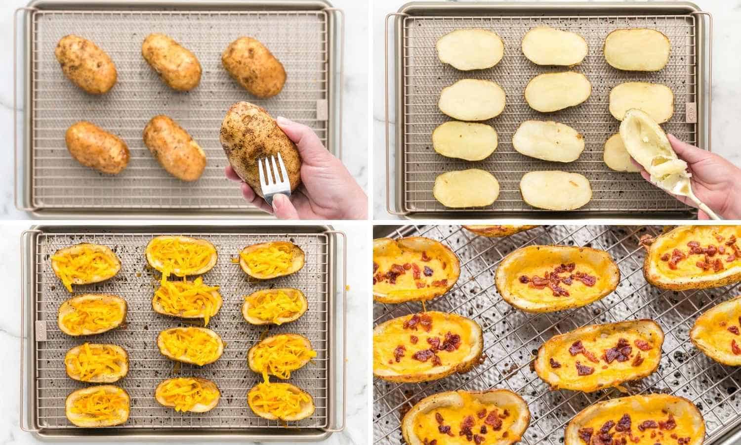 Collage of four images showing how to make baked potato skins