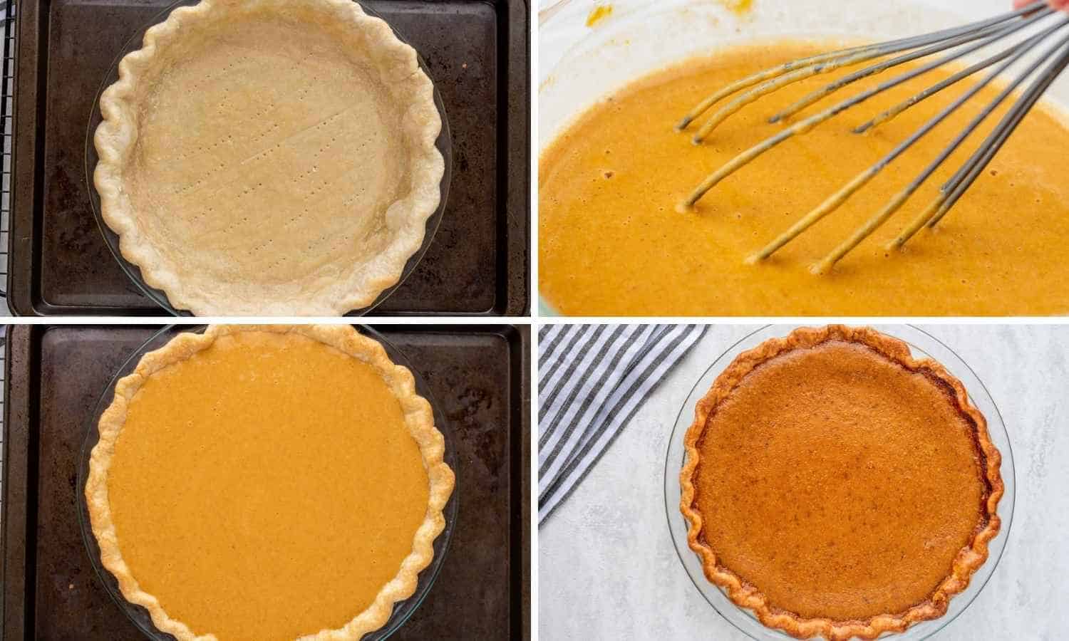 Collage of four images showing how to make pumpkin pie filling, and bake the pie.