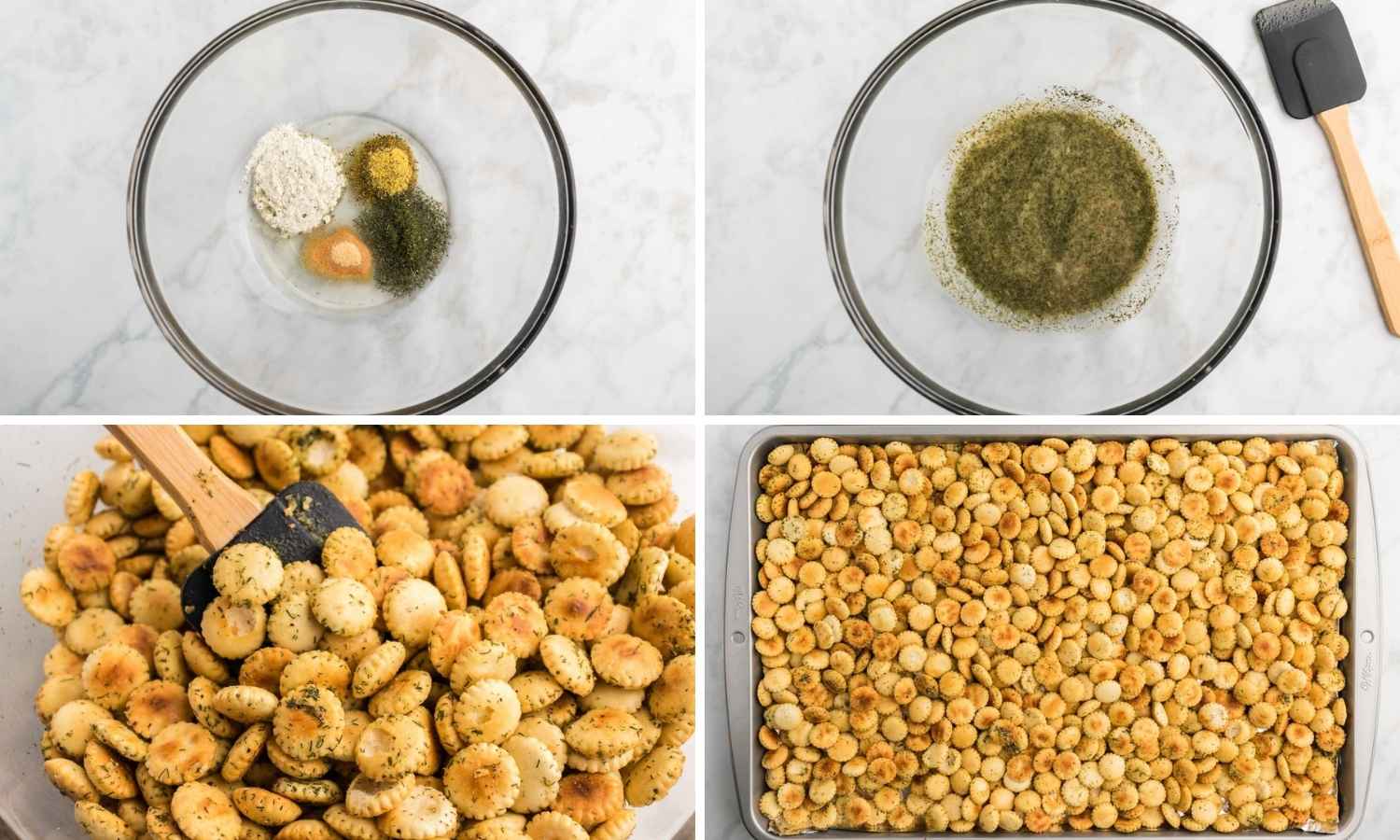 Collage of four images showing how to make ranch oyster cracker snack