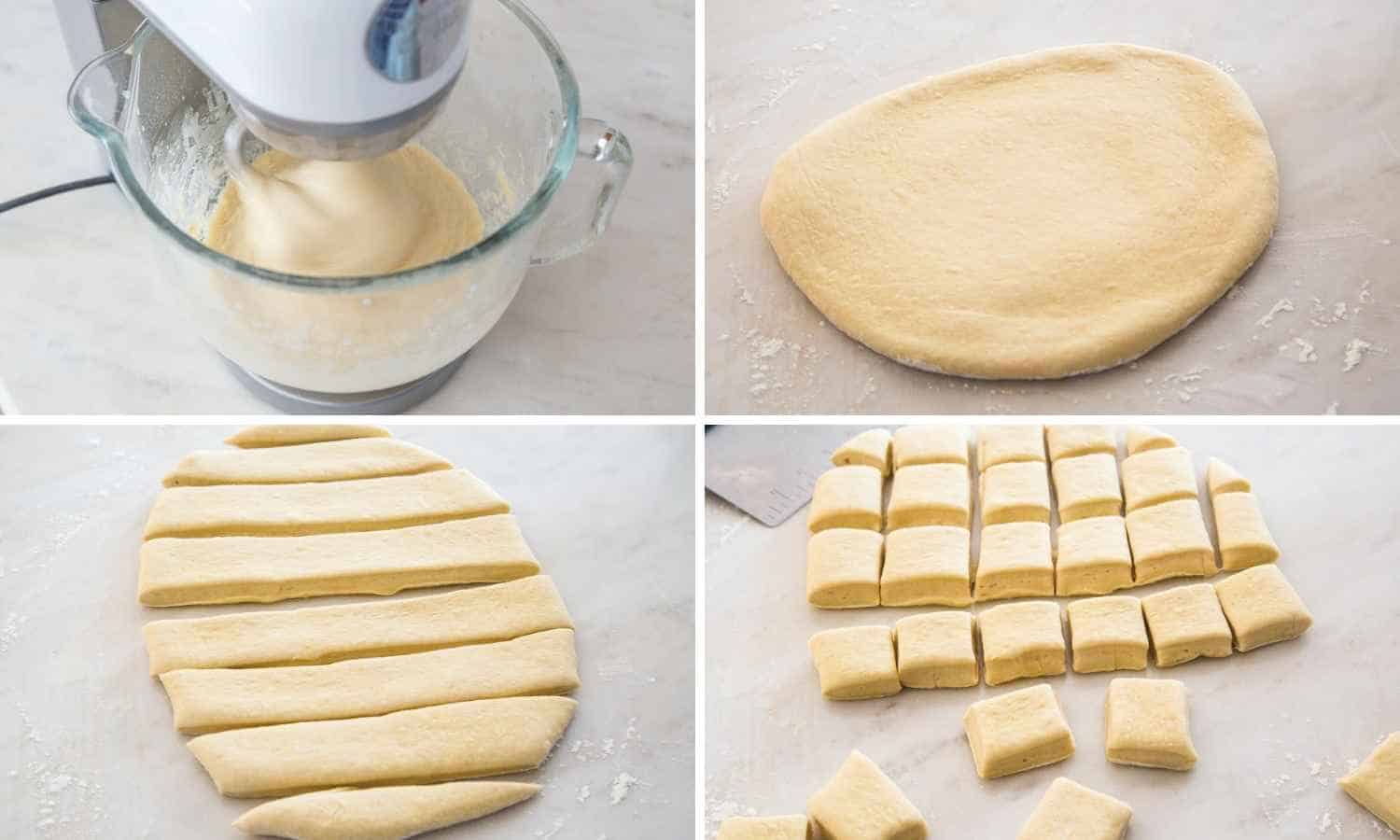 Collage with four images showing how to make the dough for Texas roadhouse rolls