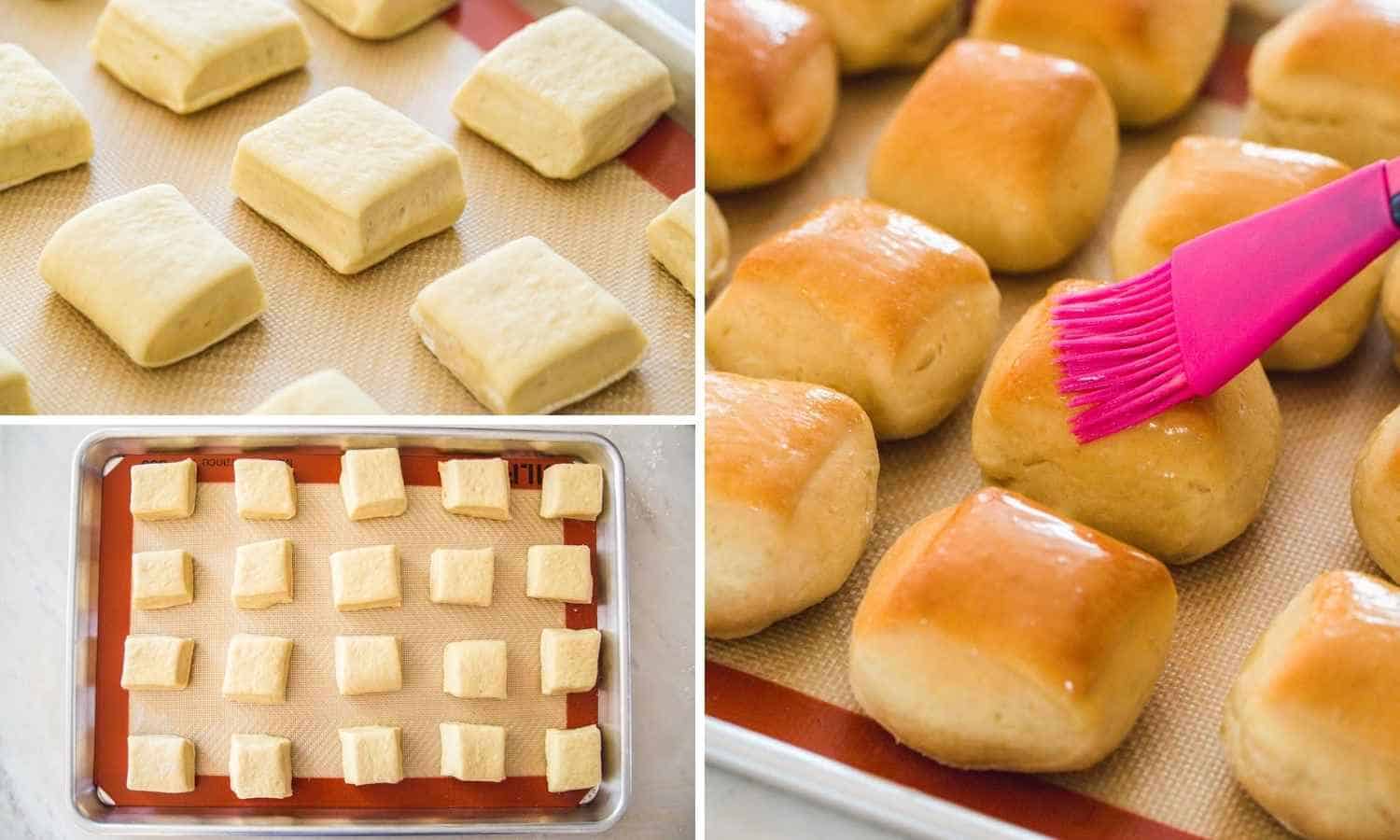 Collage with three images showing how to bake the prepared dough of Texas roadhouse rolls and brush with butter