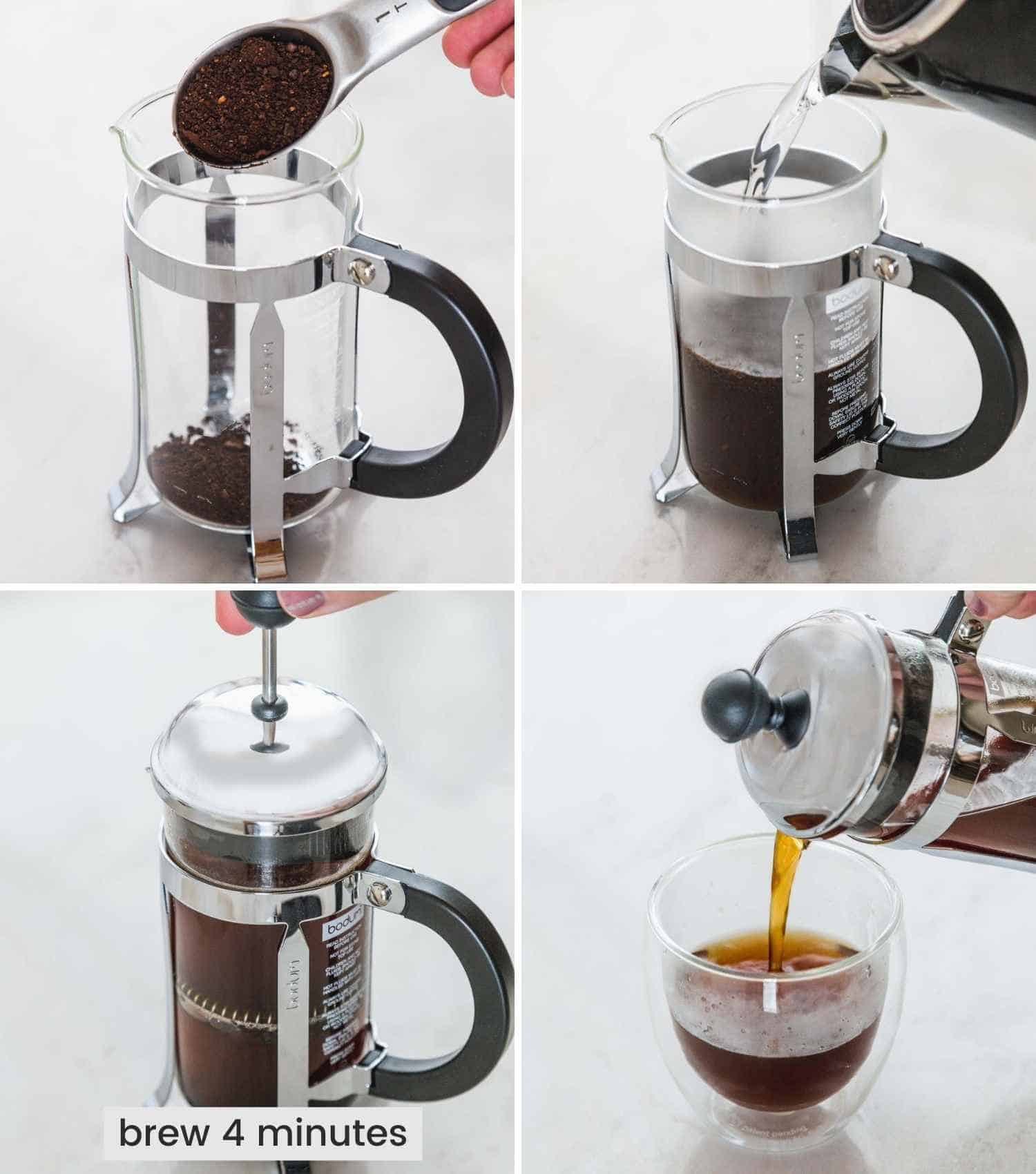 Collage with four images showing how to brew coffee using a french press