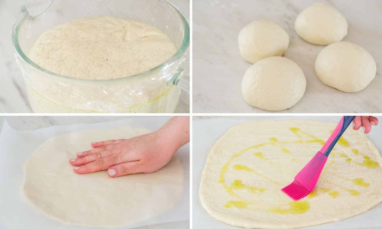 Collage of four images showing how to make pizza dough for grilling