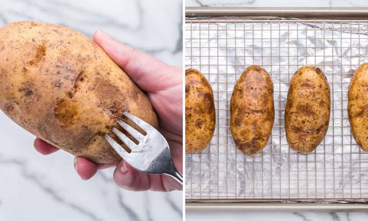 Two images showing how to pierce potatoes, and bake them.