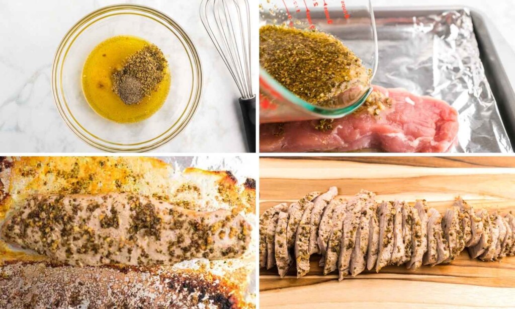 Collage of four images showing how to roast a pork tenderloin