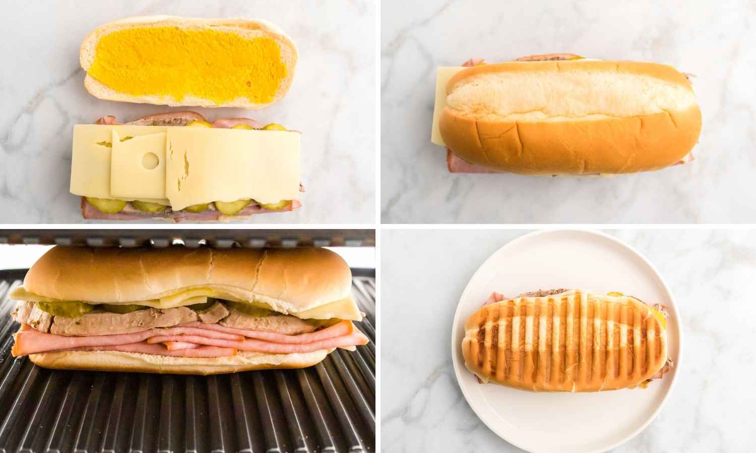Collage of four images showing how to toast a cuban sandwich
