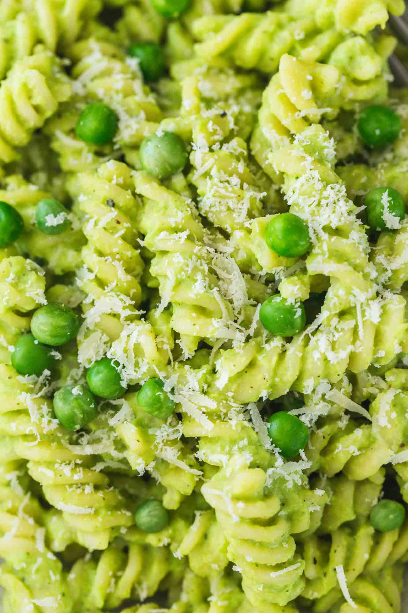 Close up shot of the pea pasta with parmesan