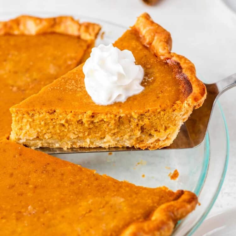 Taking a slice of pumpkin pie, topped with whipped cream