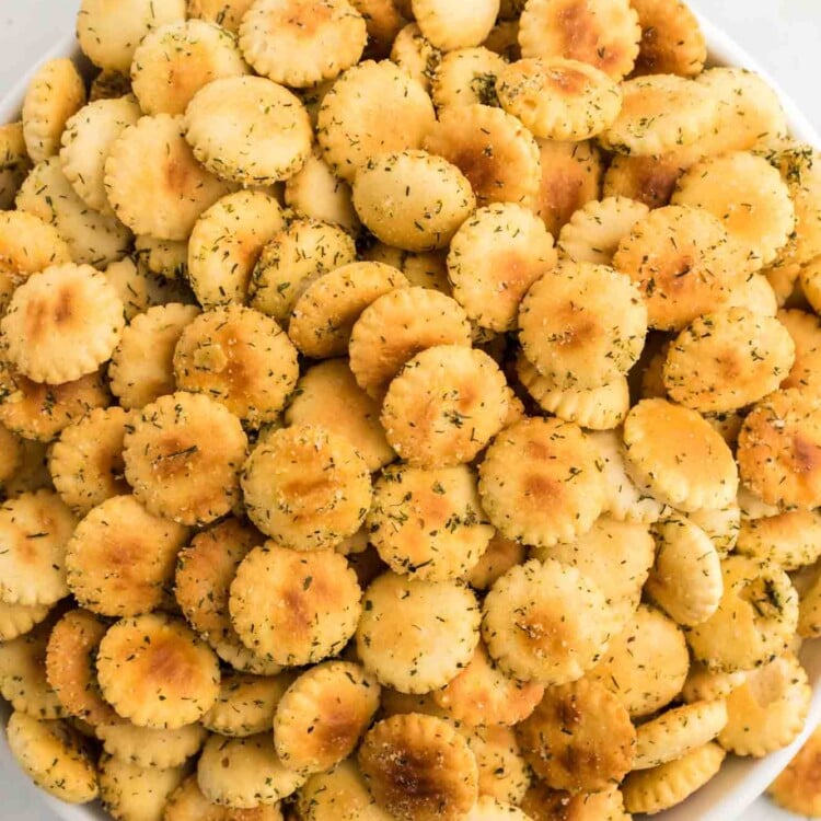 Overhead shot of ranch oyster crackers served in a large white bowl