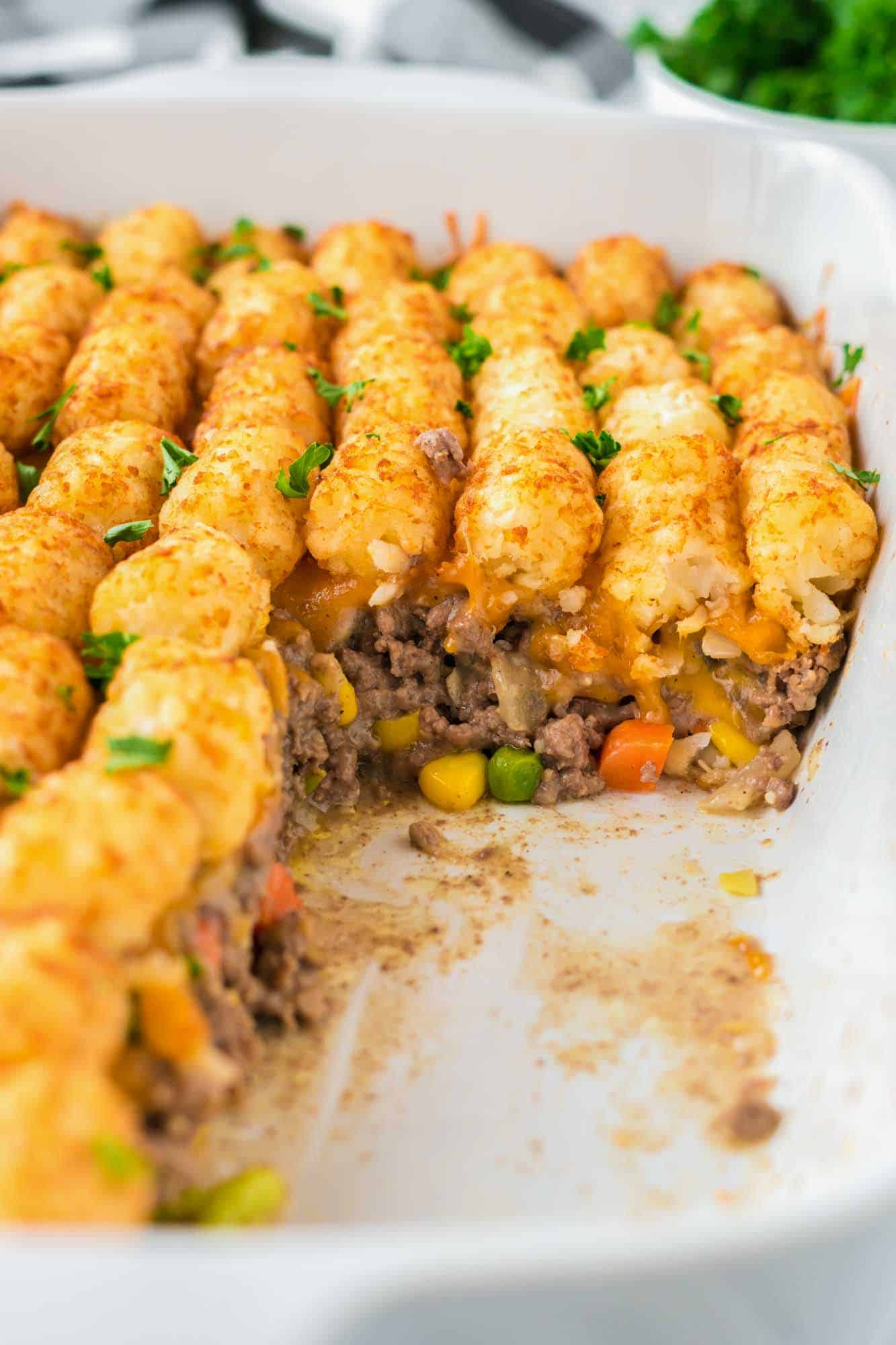 Tater tot casserole showing the layers
