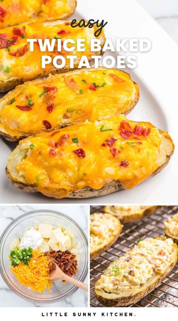 Collage of three images with twice baked potatoes served on a plate, a bowl with the filling, and filled potato skins before baking.
