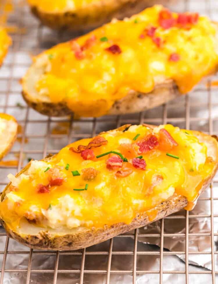 Twice baked potatoes placed on a wire rack