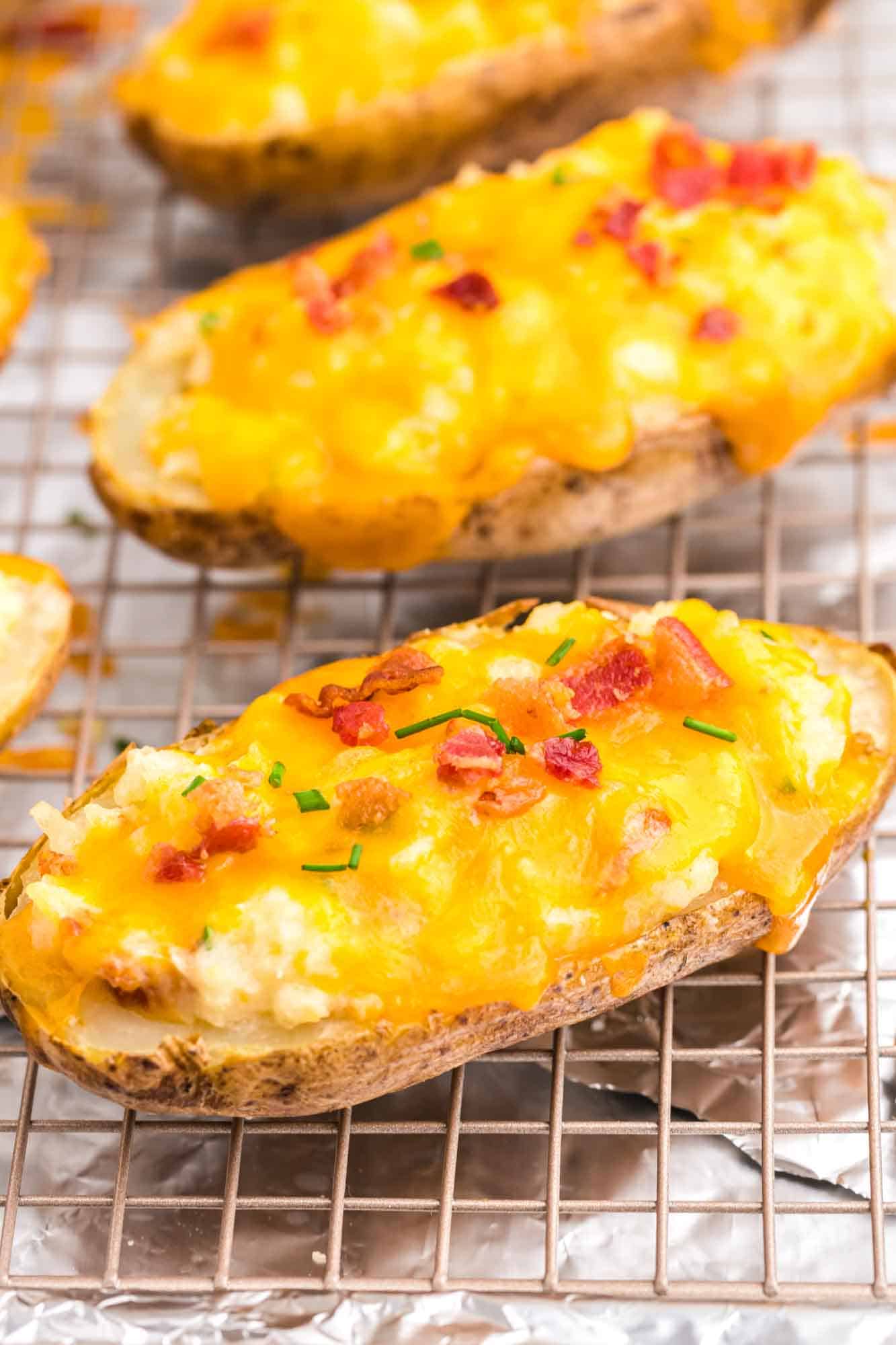 Twice baked potatoes placed on a wire rack