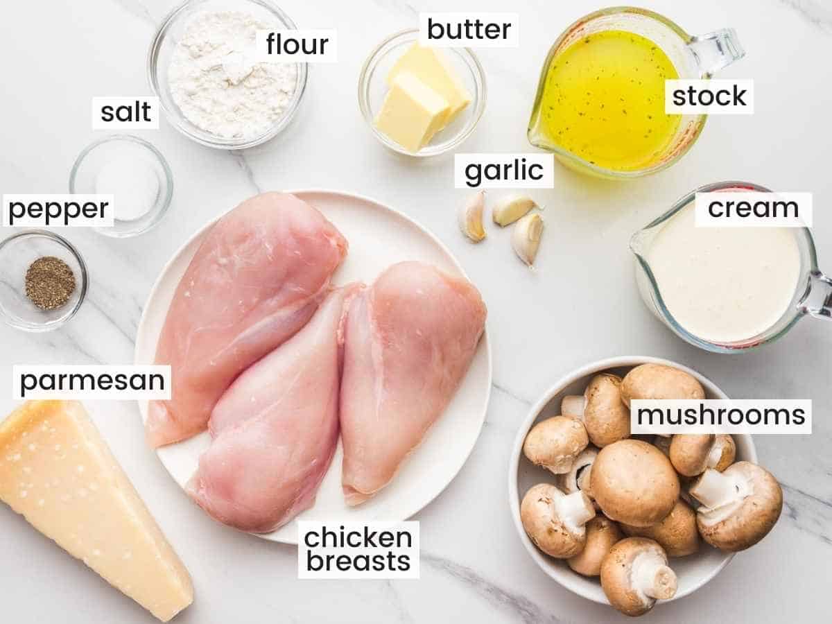 ingredients needed to make mushroom chicken including chicken cutlets, mushrooms, parmesan, cream, chicken stock, butter, flour, garlic, salt and pepper.