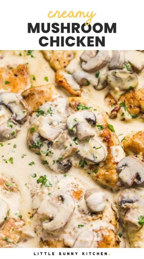 Close up shot of creamy mushroom chicken in a skillet garnished with parsley, and overlay text that reads "creamy mushroom chicken".