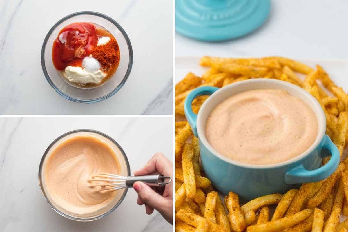 Collage of 3 images showing how to mix up the sauce ingredients and serve the sauce with fries
