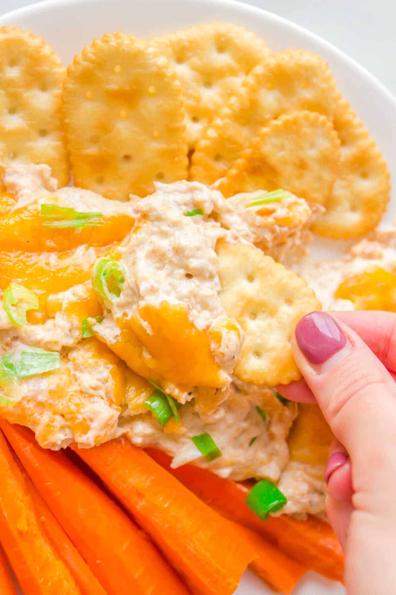 Plated crab dip with carrot sticks and crackers