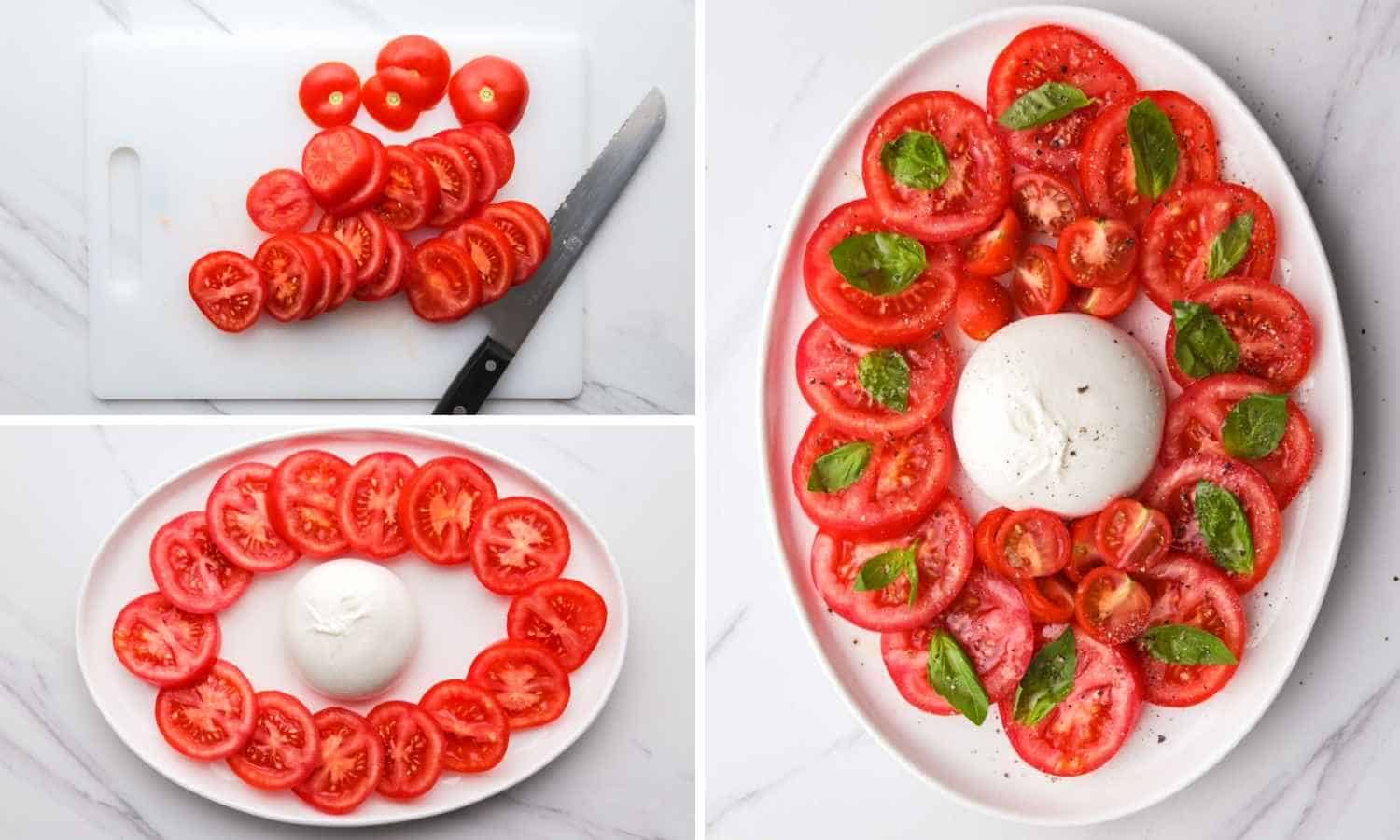 Collage of three images showing how to make burrata caprese salad