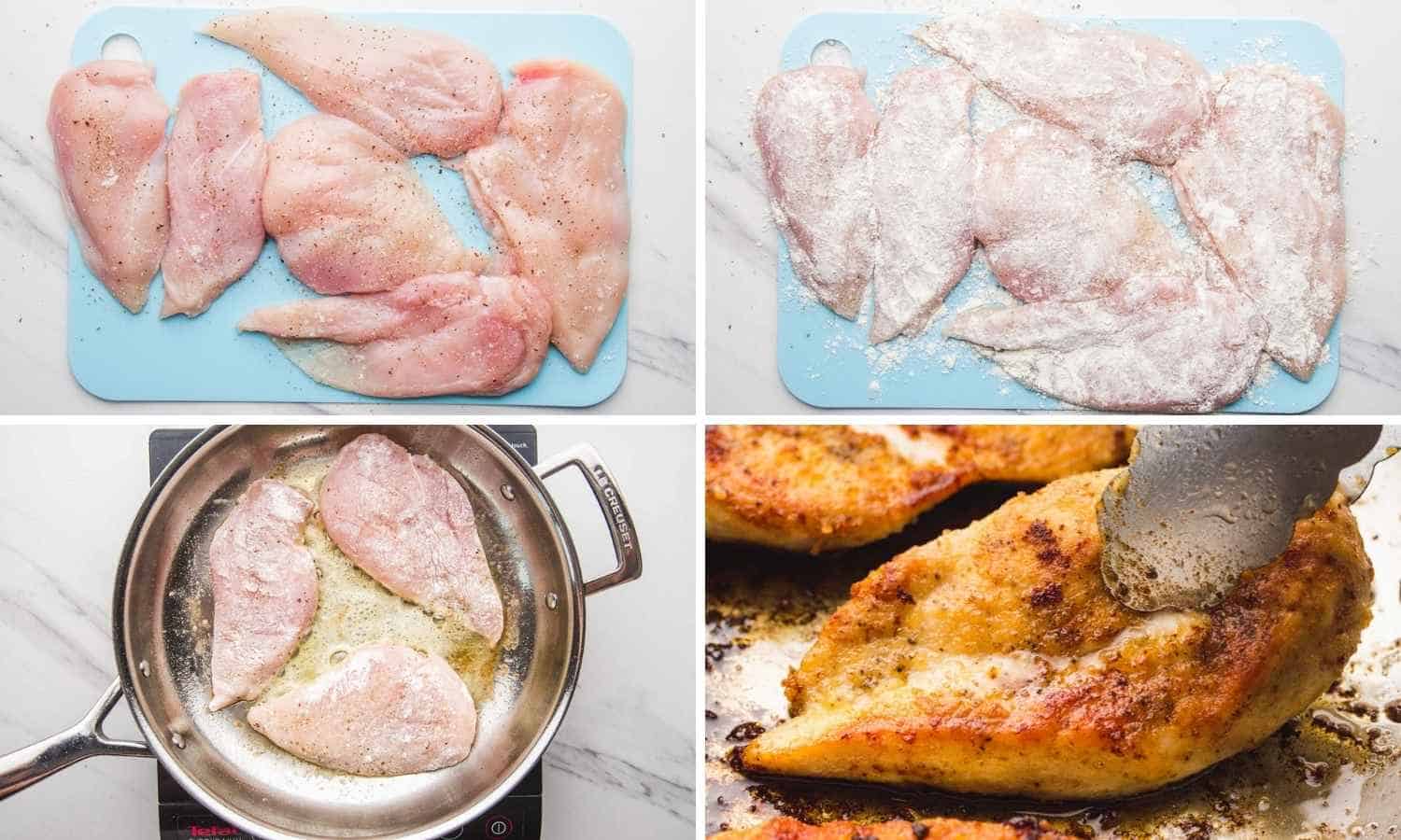 Collage of four images showing how to season chicken, dredge in flour, and sear it until golden brown.