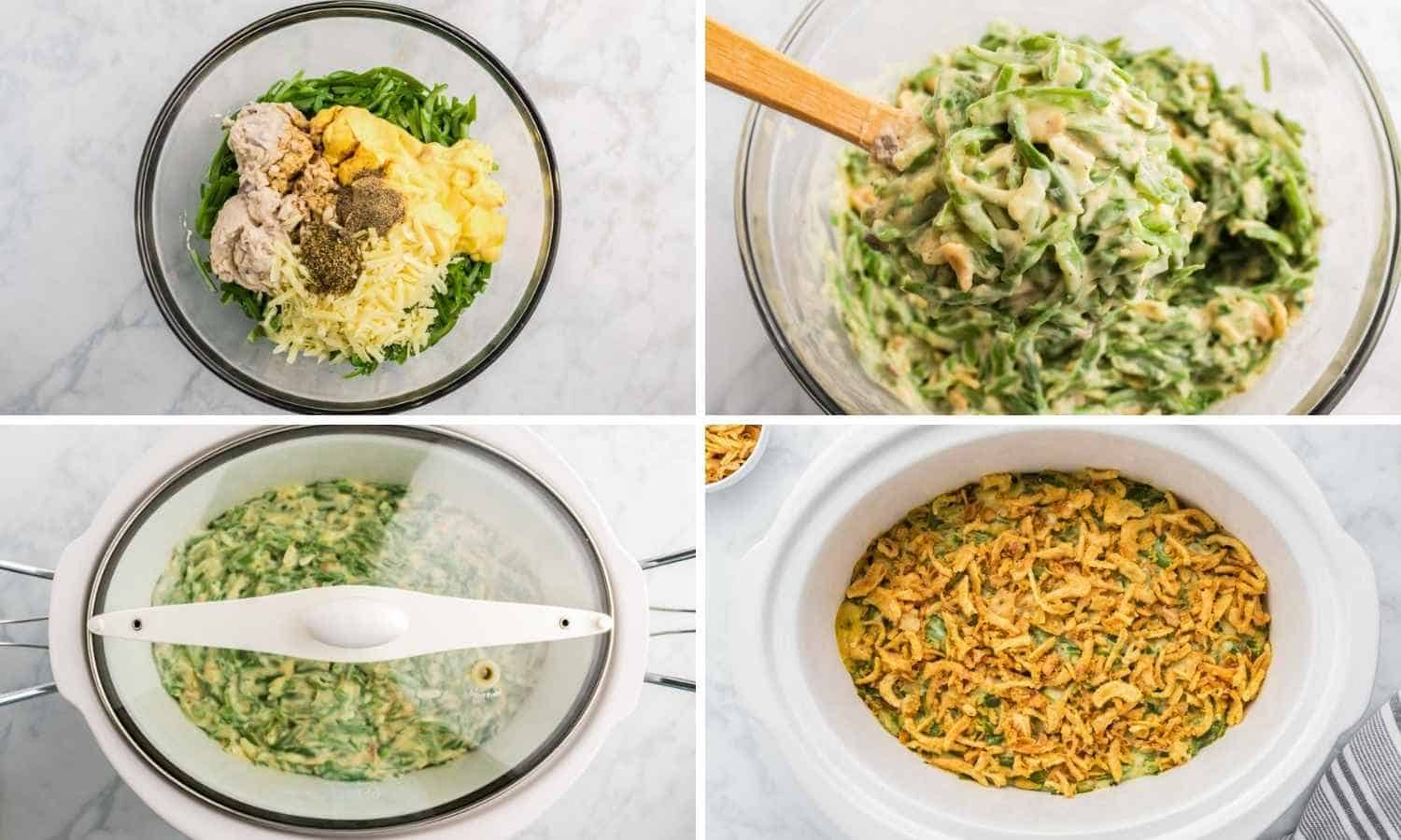 Collage of four images showing how to make green bean casserole