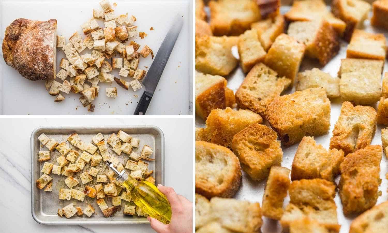 Collage of three images showing how to cut up a loaf of bread, drizzle oil and season it, then bake the croutons.