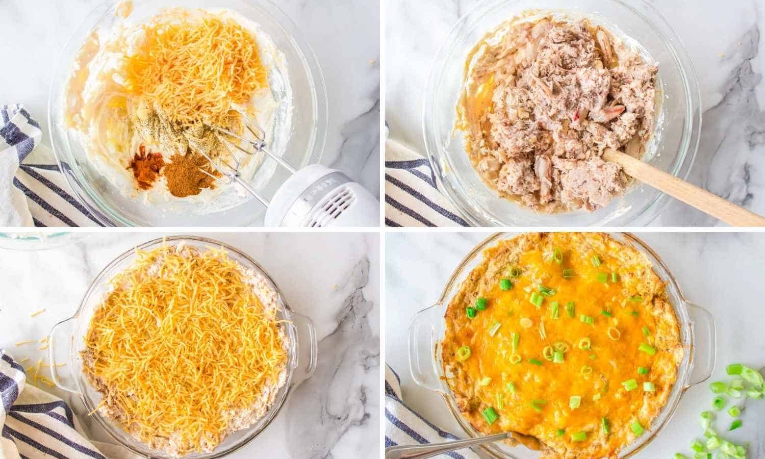 Collage of four images showing how to make hot crab dip