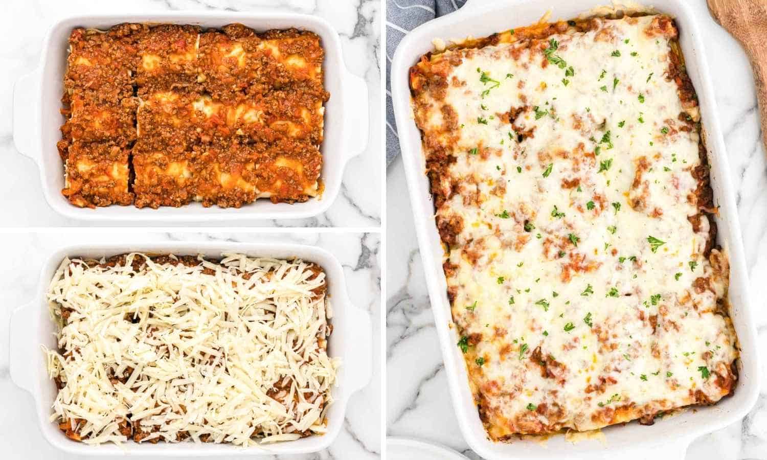 Collage of three images showing how to bake lasagna roll ups