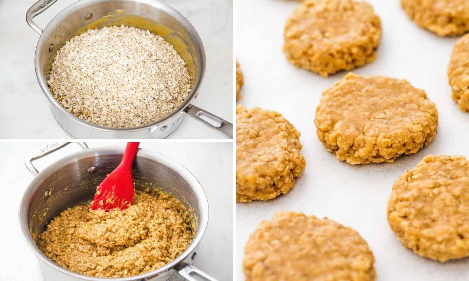 Collage of three images showing how to add oats to the mixture and then shape the cookies