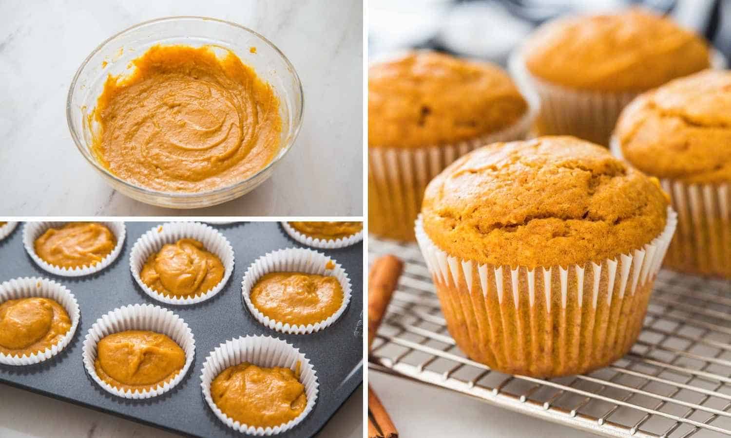 Collage of four images showing how to bake pumpkin muffins