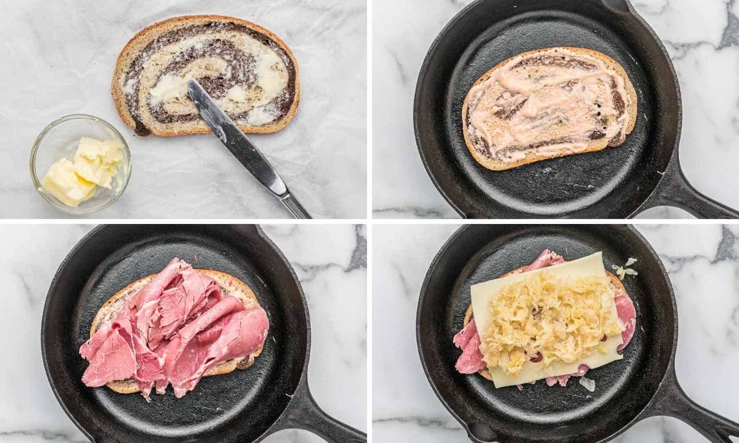 Collage of four images showing how to make a reuben sandwich