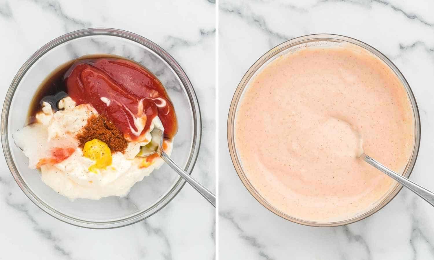 Two images showing how to mix up ingredients to make the Russian dressing