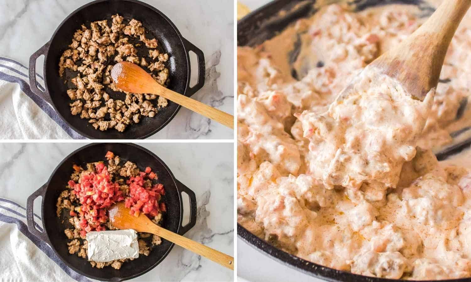 Collage of three images showing how to make sausage Rotel dip