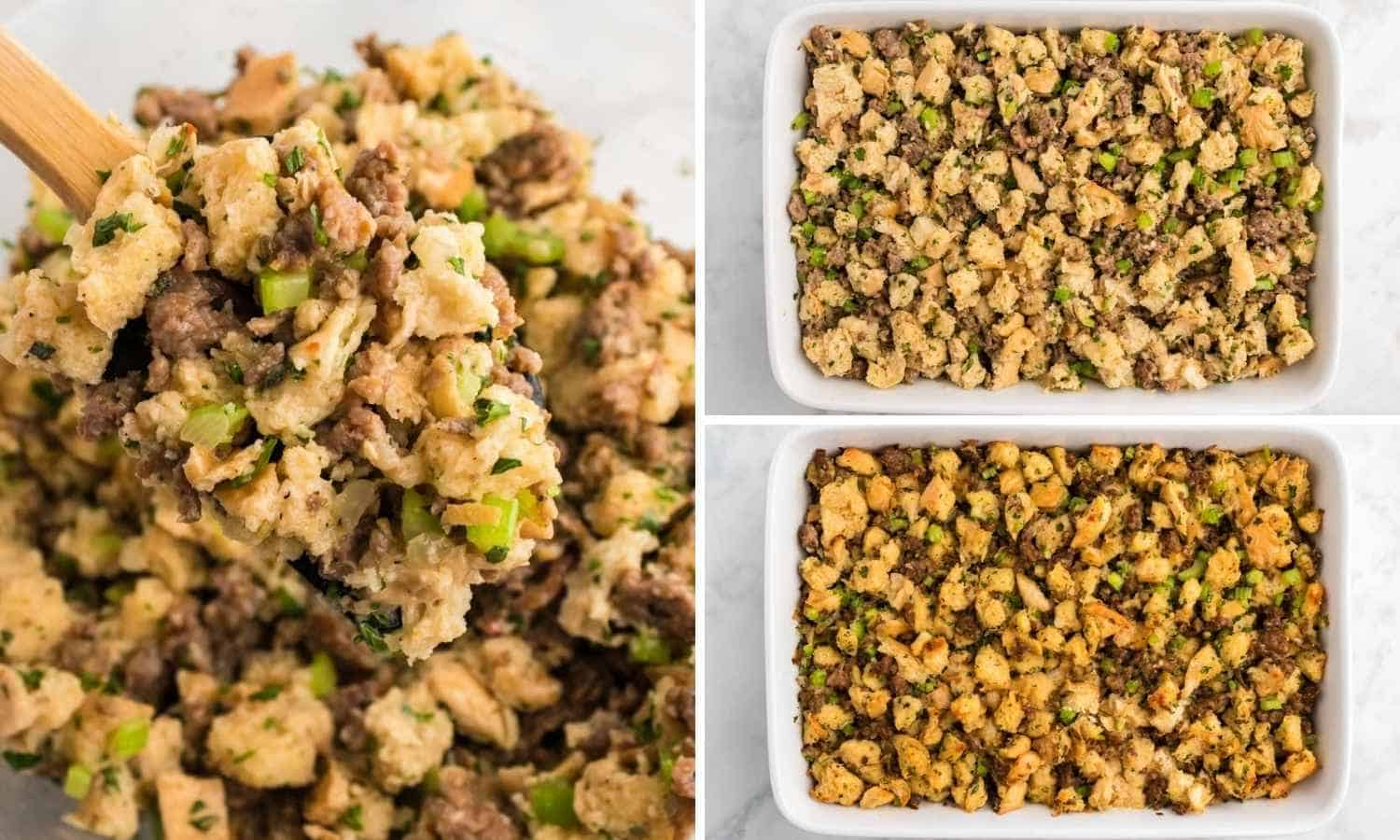 Collage of three images showing the stuffing mixture before and after baking