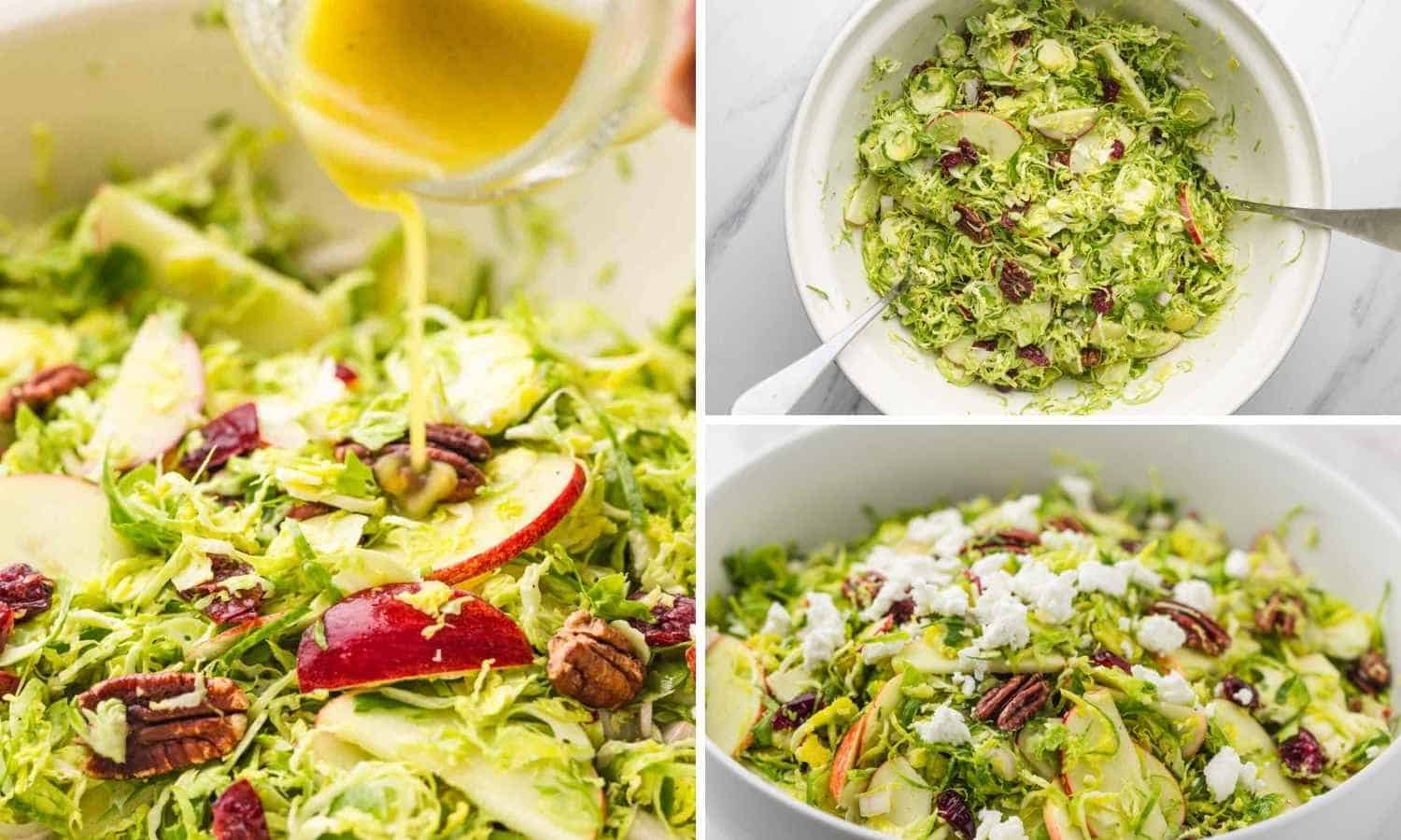 Drizzling dressing over salad, tossing, and topping with cheese.