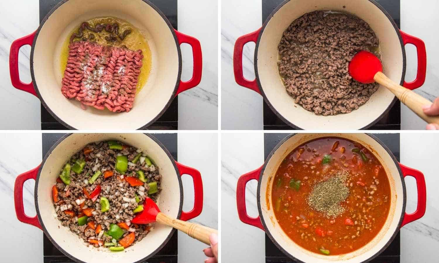 Collage of four images showing how to brown ground beef, then add the rest of the ingredients to make pepper soup