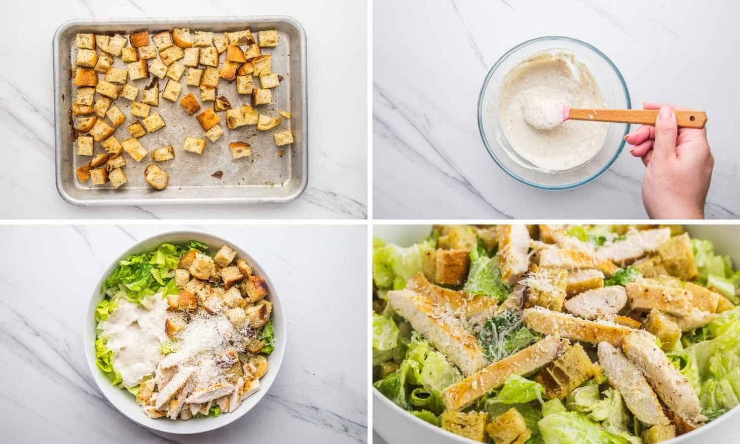 Collage of four images showing how to make croutons, how to make caesar dressing, and add that to the caesar salad.
