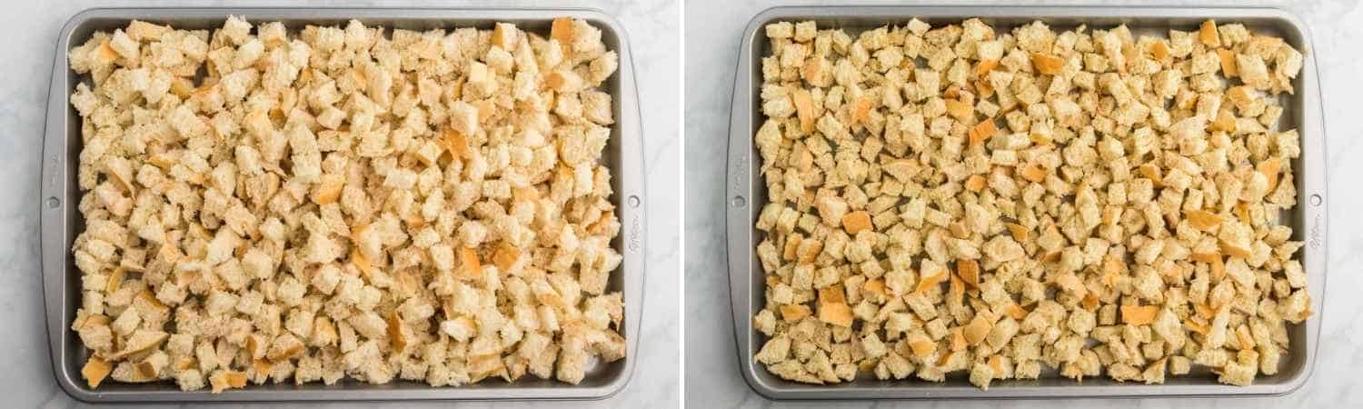 A collage of two images showing how to toast bread for stuffing