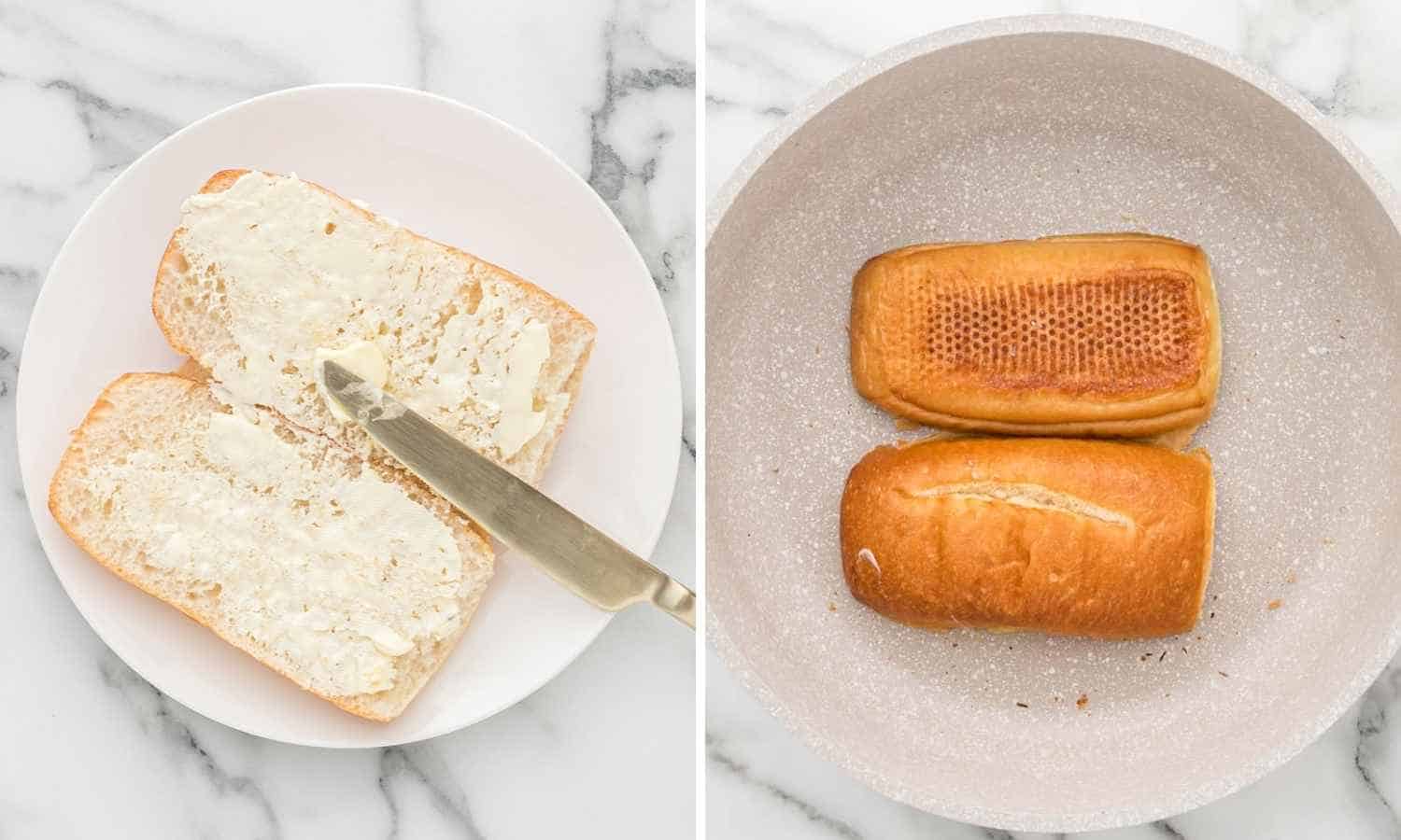 A collage of two images showing how to butter and toast hoagie rolls