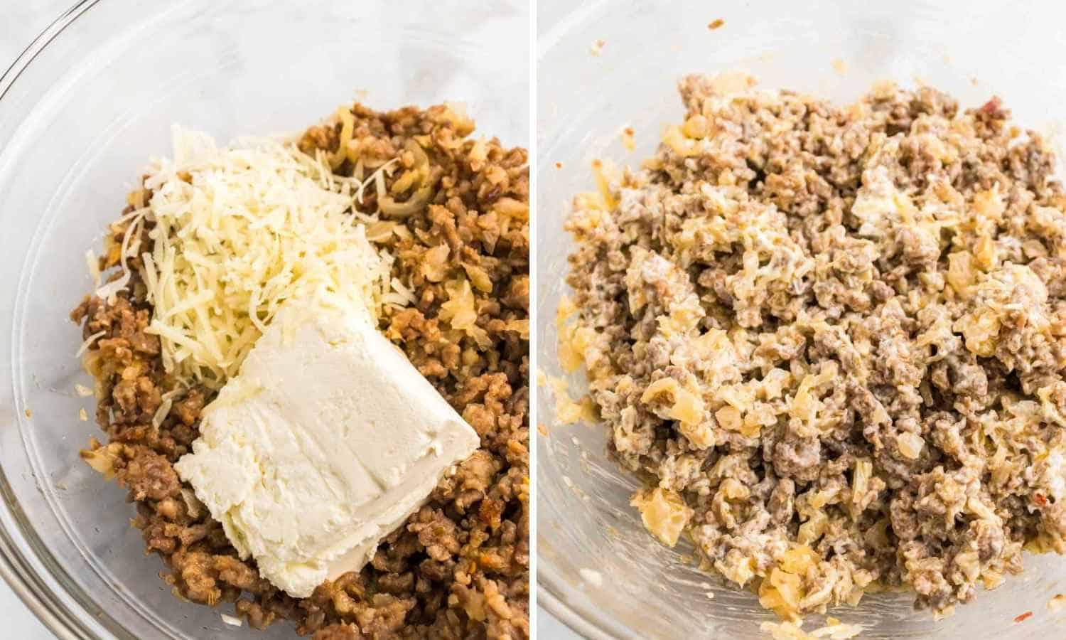 Adding cream cheese to the sausage mixture shown in 2 images