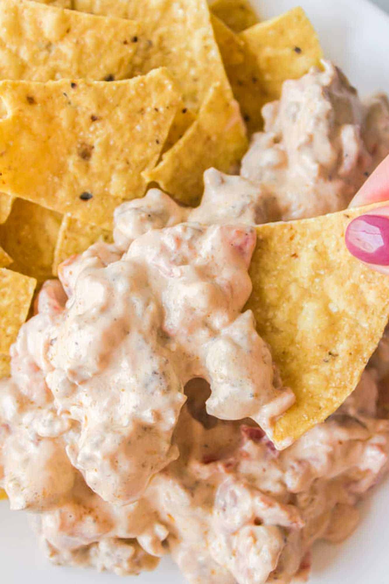 Sausage dip served on a white plate with tortilla chips