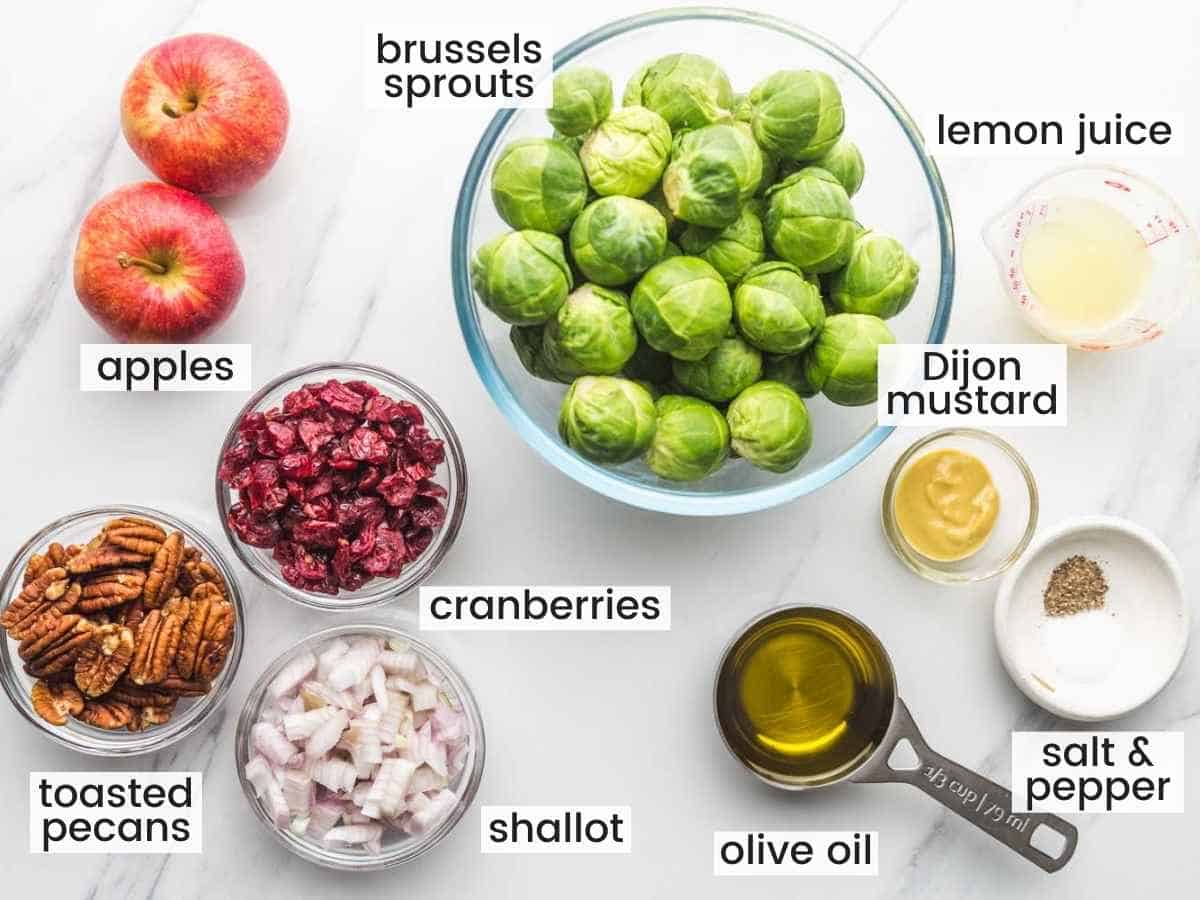 Ingredients needed to make shaved brussels sprouts salad