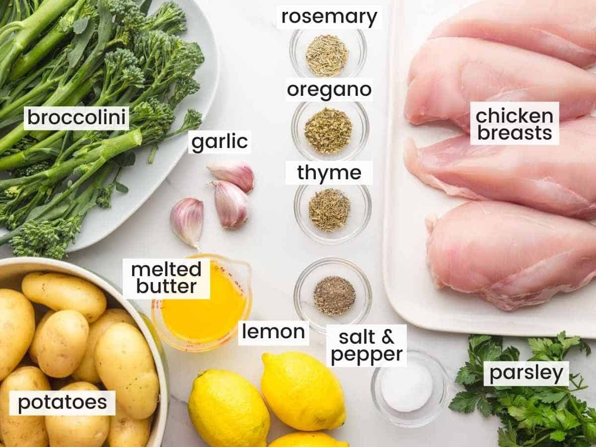 Ingredients needed to make Baked Chicken and Potatoes including chicken breasts, baby potatoes, melted butter, lemons, broccolini, garlic, herbs, salt and pepper.